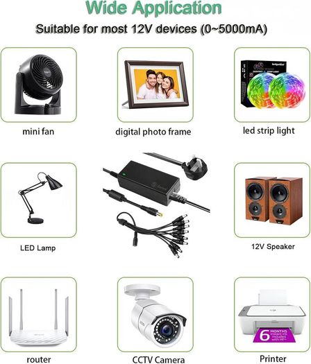 12V 5A 60W Security Camera Power Adapter 100V-240V AC to DC with 8-Way Power Splitter Cable Power Supply for CCTV Security Camera DVR, LED Strip Lights