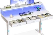 Electric Standing Desk, 120 x 54cm Height Adjustable Desk with 3 Drawers, RGB LED Strip &amp; Charging Station for Home Office Computer Workstation, Computer Table with Monitor Stand, White