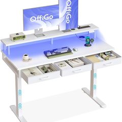Electric Standing Desk, 120 x 54cm Height Adjustable Desk with 3 Drawers, RGB LED Strip & Charging Station for Home Office Computer Workstation, Computer Table with Monitor Stand, White