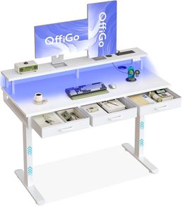 Electric Standing Desk, 120 x 54cm Height Adjustable Desk with 3 Drawers, RGB LED Strip & Charging Station for Home Office Computer Workstation, Computer Table with Monitor Stand, White