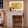 Dressing Table with Mirror and Stool: Vanity Desk with Mirror and Drawers - Makeup Desk with 4 Drawers, Wooden White Bedroom Dressing Table with LED Lights, Brightness Adjustable, 3 Open Storage Areas Image 5