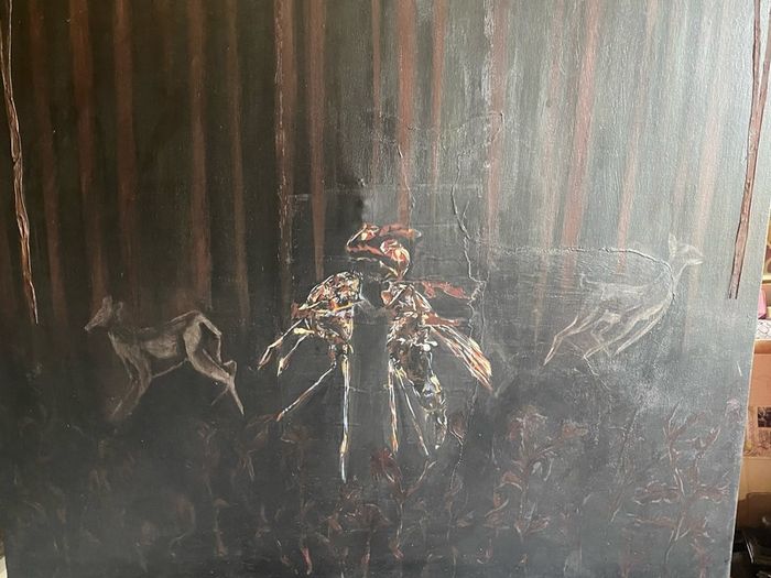 PAINTING Untitled (Forest Scene with Deer and Central Insectoid Motif)