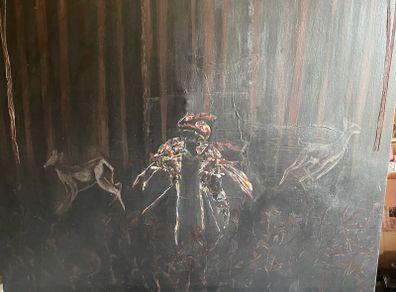 PAINTING Untitled (Forest Scene with Deer and Central Insectoid Motif)