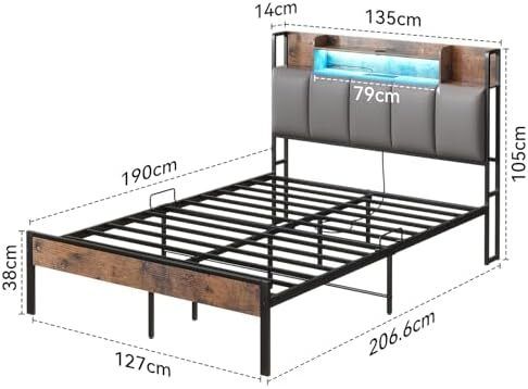 LED Double Bed Frame with Charging Station with Storage Upholstered Headboard 135x190cm
