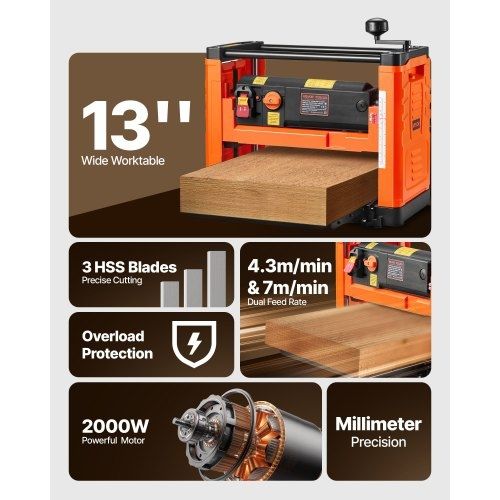 Thickness Planer, Two Speed, 330 mm Width Worktable Power Benchtop Planer, Three-Blade, 2000W 23500 RPM Powerful Motor, Dual Rollers, Over Protection, Woodworking for Hard & Soft Wood Material