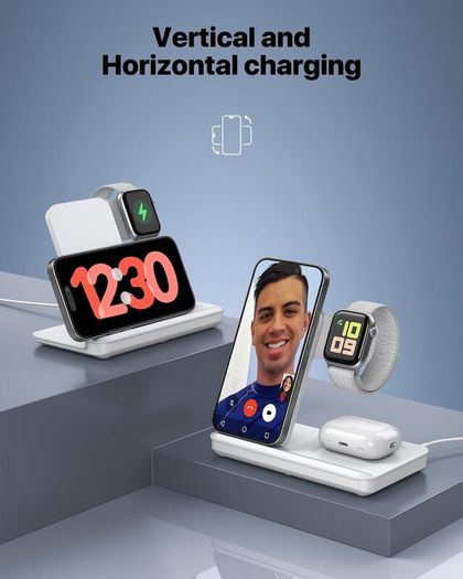 Foldable 3 in 1 Wireless Charging Station for Apple Devices, Wireless Charger Stand with 20W PD Adapter for iPhone 17/16/15/14/13/12/11, Apple Watch & AirPods Charging Dock White