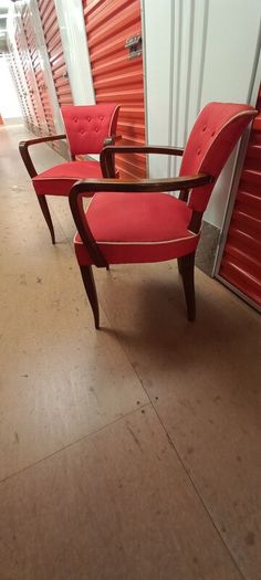 Pair of two very french antique chairs red upholstery oak wood nice stylish 1950s