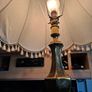 A Beautiful Large Heavy Victorian-style Brass Table Lamp with Brass Baluster Stem and Faceted, Paneled Knop, raised on a Stepped Hexagonal Base; fitted with a tall, cream textile shade with scalloped fringe and tassel trim, Postage Available or collection Image 9