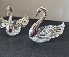 Rare vintage swan-shaped salt cellars crafted from 925 silver and cut crystal
