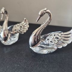 Rare vintage swan-shaped salt cellars crafted from 925 silver and cut crystal