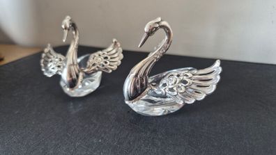 Rare vintage swan-shaped salt cellars crafted from 925 silver and cut crystal