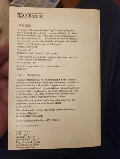 Hunger  By Knut Hamsun.  Published By Picador. Paperback In Good Condition.