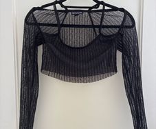 Black mesh long sleeve crop top