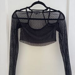 Black mesh long sleeve crop top