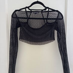 Black mesh long sleeve crop top