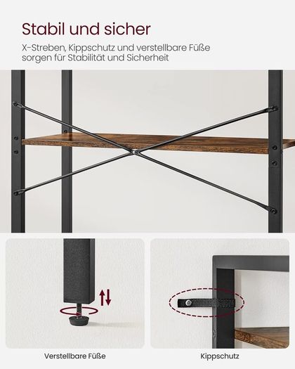Industrial 5 Tier Bookcase Vintage Brown and Black Book Shelf Storage Shelving Unit
