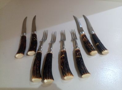 Antique Set of 4 Genuine Stag/Antler Handle Steak Knives and Forks. Made In Sheffield England