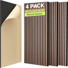 4-Pack Acoustic Wood Veneer Wall Panels, 47.2inch23.6inch0.74 3D Self-adhesive Wall Panel, Dual layer Soundproof Tiles for Echo Absorption, Decorative Soundproof Acoustical Barrier, Walnut Veneer