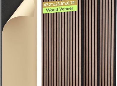 4-Pack Acoustic Wood Veneer Wall Panels, 47.2inch23.6inch0.74 3D Self-adhesive Wall Panel, Dual layer Soundproof Tiles for Echo Absorption, Decorative Soundproof Acoustical Barrier, Walnut Veneer