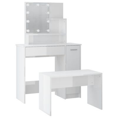 Dressing Table Set with LED High Gloss White Engineered Wood