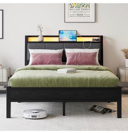 Double Bed Frame, 4FT6 Bed Frame Ergonomics Double with Charging Station and LED Lights, Heavy Duty Platform Full Bed with Fabric Storage Sloped Headboard, No Box Spring Needed, (Black)