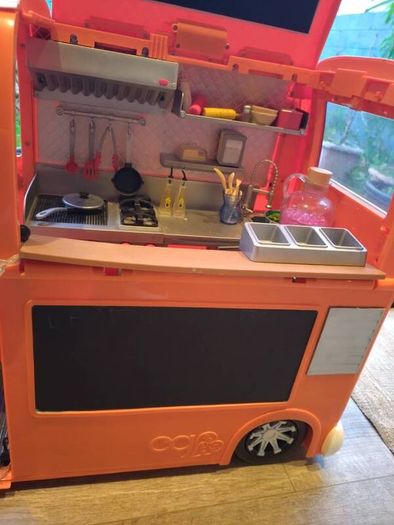 Our Generation orange Food Truck with lots if accessories incl BBQ