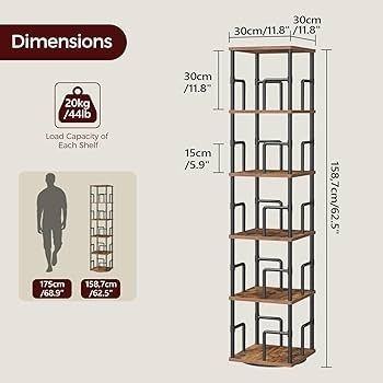 5-Tier Rotating Bookshelf, Freestanding Corner Bookshelf, 360 Spinning Bookcase, Industrial Style Storage Rack with Rails, for Living Room, Study, Home Office, Rustic Brown