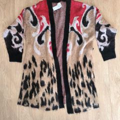 River Island Cardigan L Leopard Print Belted Open Front Red Black Boho Statement NEW