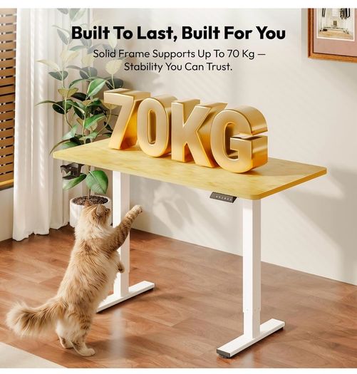Electric Standing Desk 110x54 One Piece Height Adjustable Desk With Memory Smart Panel Sit Stand Table With Hooks for Home Office, Maple