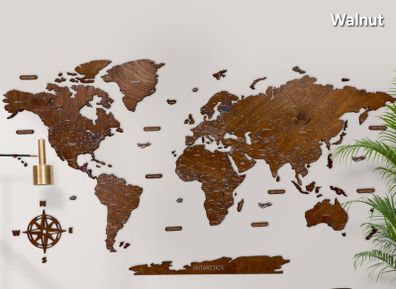2D Premium Wooden World Map Country Borders US and Canada States Borders Country Names Country Capital Names 400 World Biggest City Names