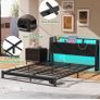 King Size Bed Frame with Ergonomic Storage Headboard and LED,Metal Platform Low Bed Frame King Size 5ft,Kingsize Floor Bed Base with Charging Station,No Box Spring Needed,Easy Assembly,Black Image 3