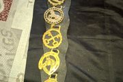 Set of Five Old Brass Horse Medallions on a black strap, Postage Available,
