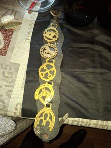 Set of Five Old Brass Horse Medallions on a black strap, Postage Available,