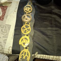 Set of Five Old Brass Horse Medallions on a black strap, Postage Available,