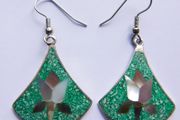 Vintage Alpaca Mexico Turquoise &amp; Abalone Inlaid Silver Earrings