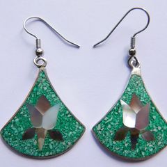Vintage Alpaca Mexico Turquoise & Abalone Inlaid Silver Earrings