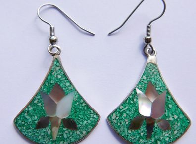 Vintage Alpaca Mexico Turquoise & Abalone Inlaid Silver Earrings