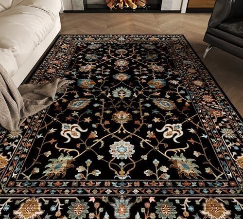 Traditional Living Room Rug, Large Black Rug for Bedroom, 160 x 230 cm, Soft Short Pile Vintage Floral Area Rug, Machine Washable Kitchen Carpet with Non-Slip Backing