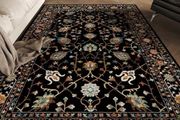 Traditional Living Room Rug, Large Black Rug for Bedroom, 160 x 230 cm, Soft Short Pile Vintage Floral Area Rug, Machine Washable Kitchen Carpet with Non-Slip Backing
