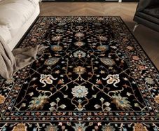Traditional Living Room Rug, Large Black Rug for Bedroom, 160 x 230 cm, Soft Short Pile Vintage Floral Area Rug, Machine Washable Kitchen Carpet with Non-Slip Backing