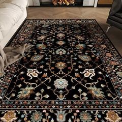 Traditional Living Room Rug, Large Black Rug for Bedroom, 160 x 230 cm, Soft Short Pile Vintage Floral Area Rug, Machine Washable Kitchen Carpet with Non-Slip Backing