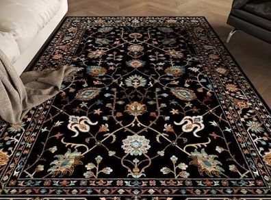 Traditional Living Room Rug, Large Black Rug for Bedroom, 160 x 230 cm, Soft Short Pile Vintage Floral Area Rug, Machine Washable Kitchen Carpet with Non-Slip Backing