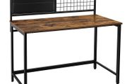 _Computer table, desk, with grid and storage compartments made of fabric, steel frame, 118 cm long, industrial design, vintage brown-black