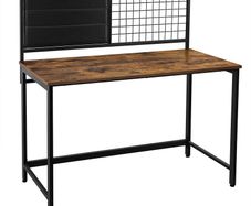_Computer table, desk, with grid and storage compartments made of fabric, steel frame, 118 cm long, industrial design, vintage brown-black