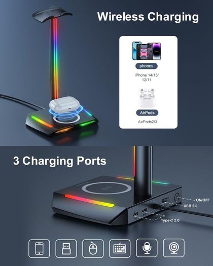 Headphone Stand RGB Headset Holder with Wireless Charger, Headset Stand Gaming Headphone Holder with 2 USB-C and 1 USB Charging Ports, 7 Light Modes and Non-Slip Rubber Base (Black)