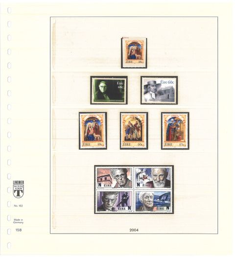 Collection: Ireland 2003-4 Ireland Stamp collection on Linder pages in Lindner album Mint Never Hinged (MNH). Adverts shows 14 images of contents