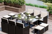 MASSIVE SALE Rattan Dining Set, 11 PC-Black /Milk White Cushions