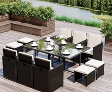 MASSIVE SALE Rattan Dining Set, 11 PC-Black /Milk White Cushions
