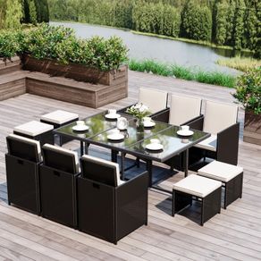 MASSIVE SALE Rattan Dining Set, 11 PC-Black /Milk White Cushions
