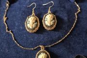 Matching Cameo Set of Cameo Necklace and Earrings + Ring.